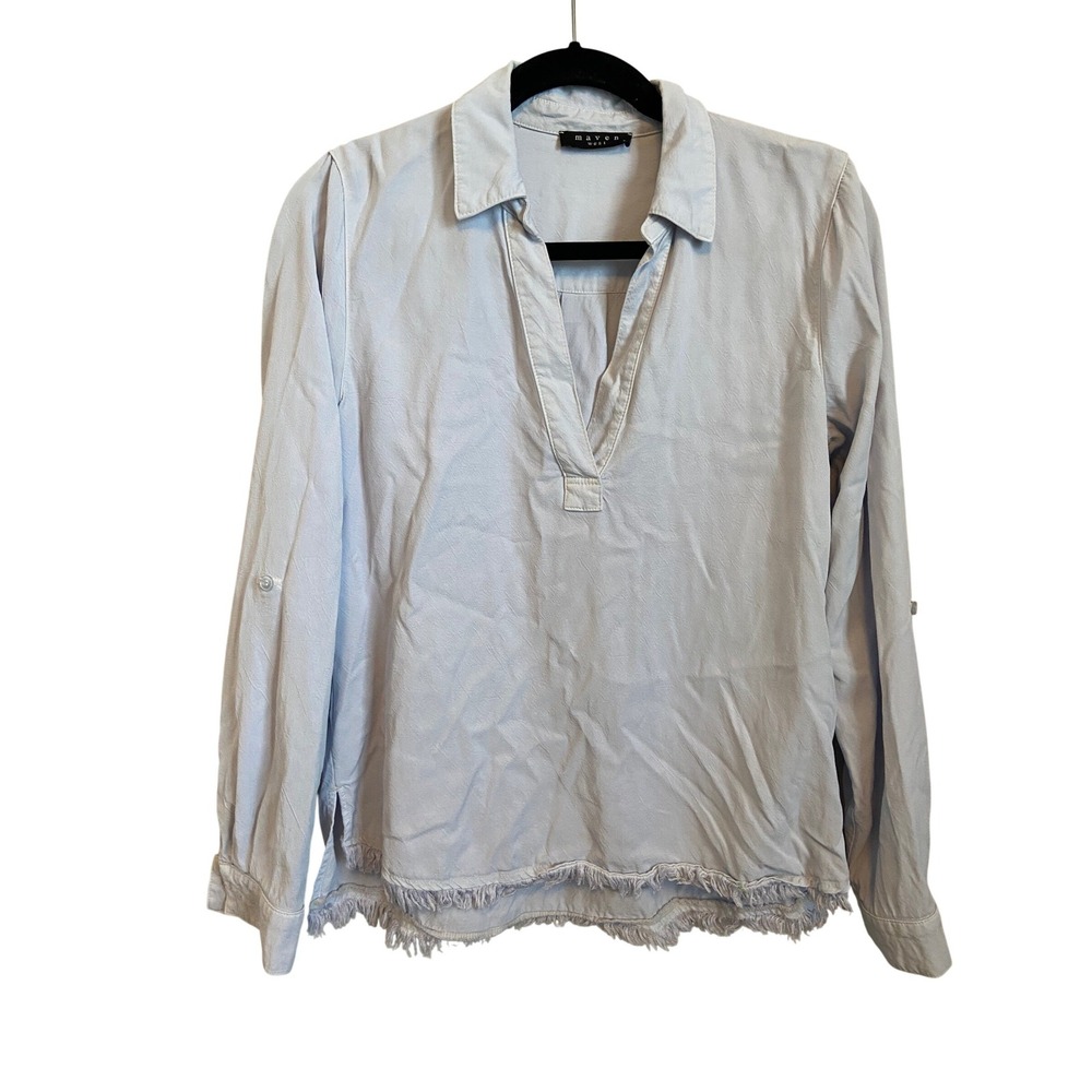 Maven West Light Blue 100% Tencel Frayed Hem Roll Tab V-Neck Blouse Small USA